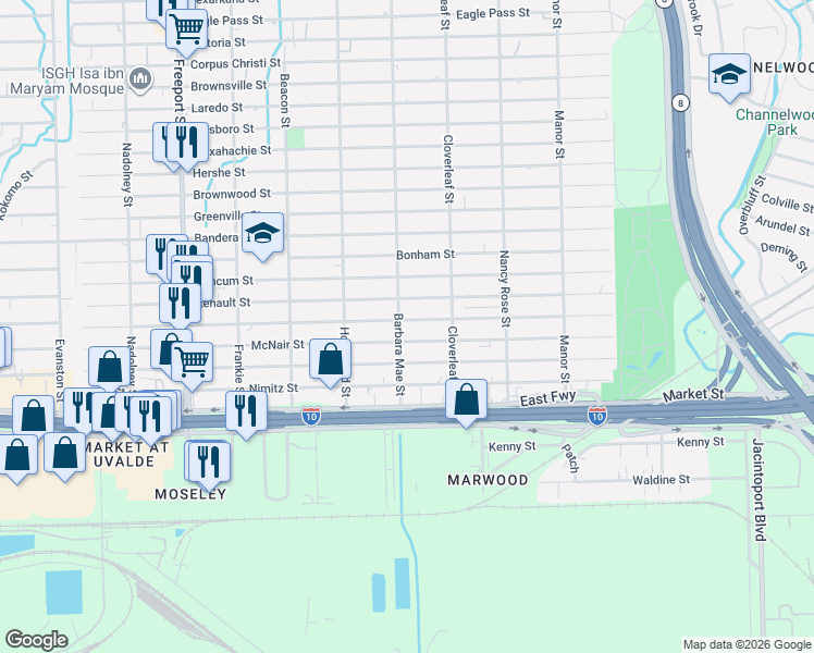 map of restaurants, bars, coffee shops, grocery stores, and more near 14313 McNair Street in Houston