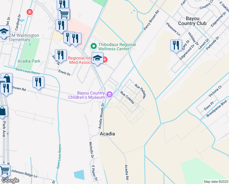map of restaurants, bars, coffee shops, grocery stores, and more near Rue L'Amitie in Thibodaux