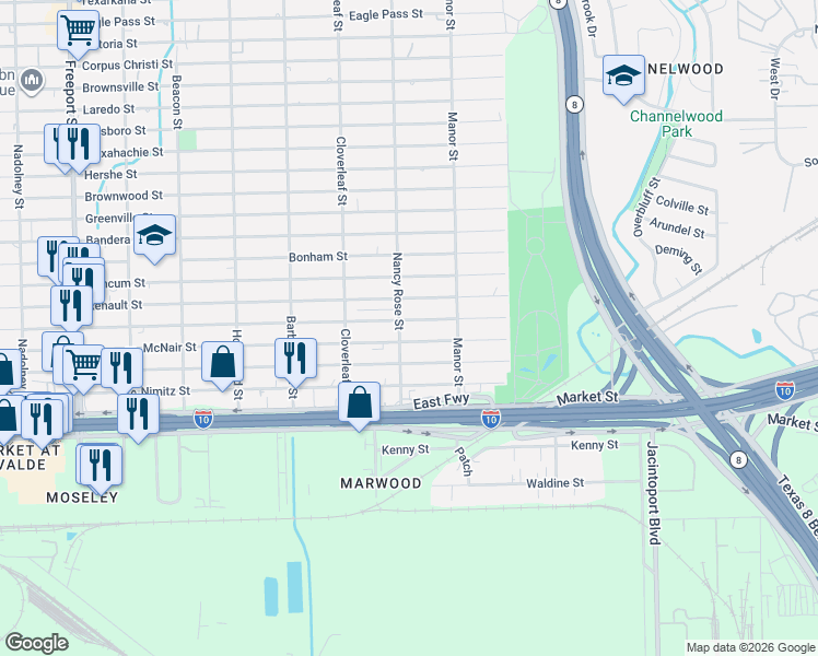 map of restaurants, bars, coffee shops, grocery stores, and more near 14515 McNair Street in Houston