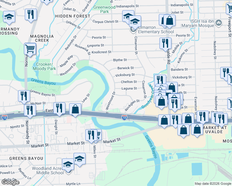 map of restaurants, bars, coffee shops, grocery stores, and more near 1118 Westmont Drive in Houston