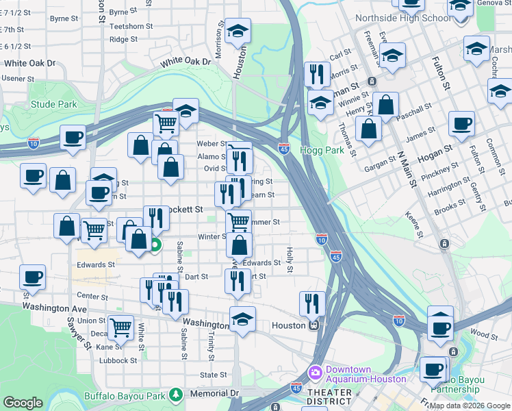 map of restaurants, bars, coffee shops, grocery stores, and more near 1717 Hickory Street in Houston