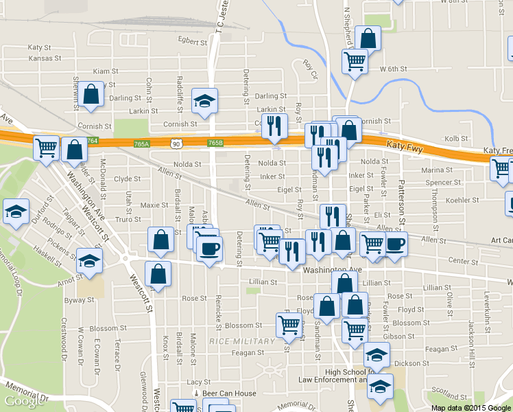 map of restaurants, bars, coffee shops, grocery stores, and more near 1364 Studer Street in Houston