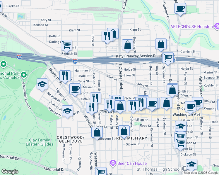 map of restaurants, bars, coffee shops, grocery stores, and more near 1407 Malone Street in Houston