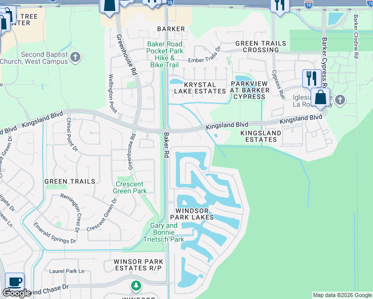 map of restaurants, bars, coffee shops, grocery stores, and more near 19046 Villa Bergamo Lane in Houston