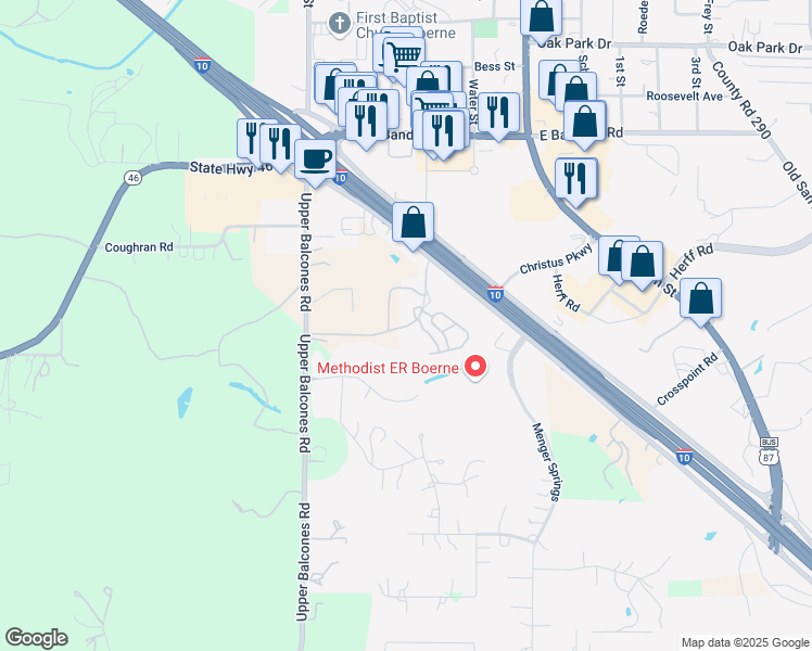 map of restaurants, bars, coffee shops, grocery stores, and more near 1150 Grand Boulevard in Boerne