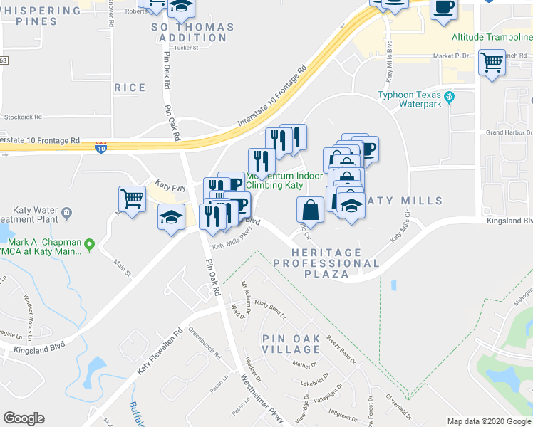 map of restaurants, bars, coffee shops, grocery stores, and more near 25495 Katy Mills Parkway in Katy