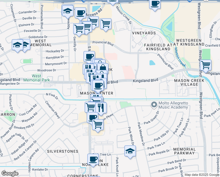 map of restaurants, bars, coffee shops, grocery stores, and more near 600 Park Grove Drive in Katy