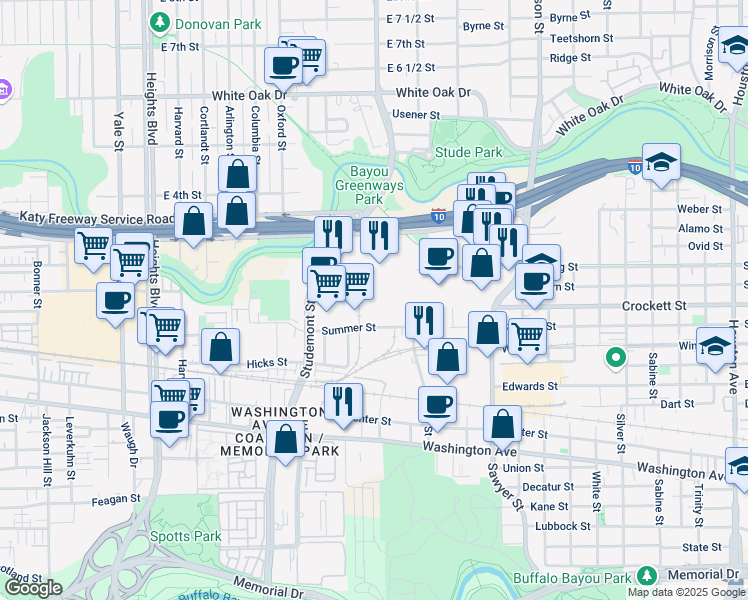 map of restaurants, bars, coffee shops, grocery stores, and more near 2770 Summer Street in Houston