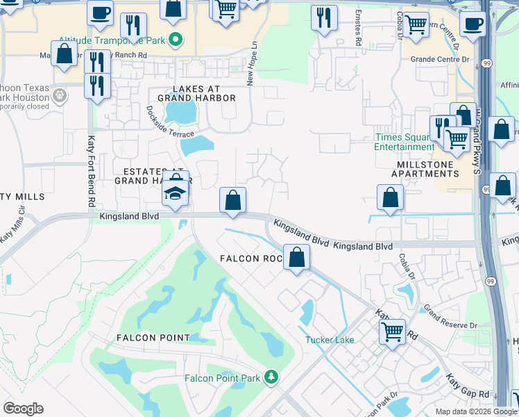 map of restaurants, bars, coffee shops, grocery stores, and more near 24102 Kingsland Boulevard in Katy
