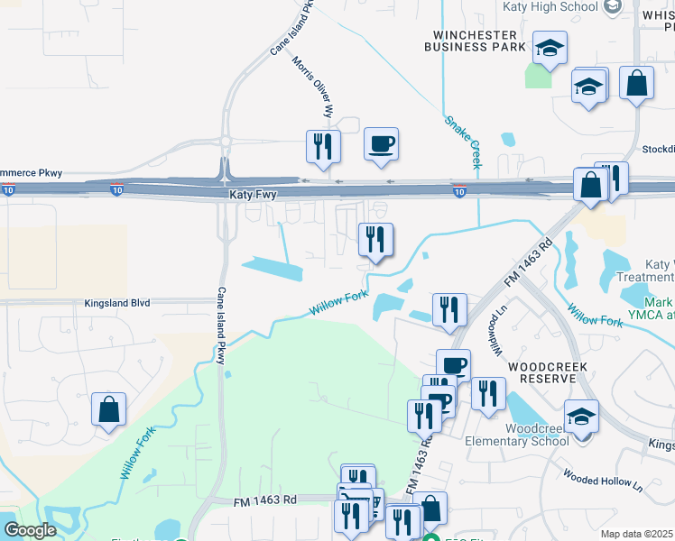 map of restaurants, bars, coffee shops, grocery stores, and more near 27255 Katy Freeway in Katy