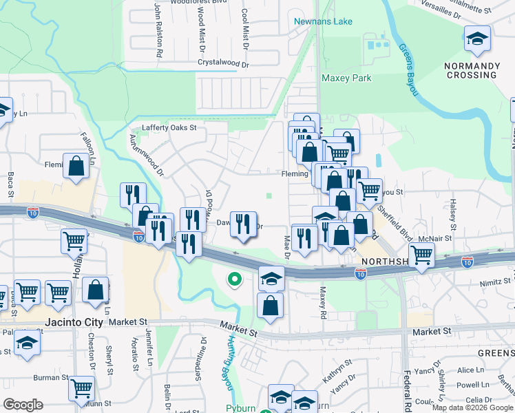 map of restaurants, bars, coffee shops, grocery stores, and more near 12200 Fleming Drive in Houston