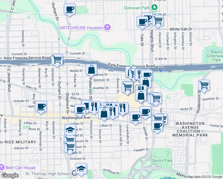 map of restaurants, bars, coffee shops, grocery stores, and more near 4207b Eli Street in Houston