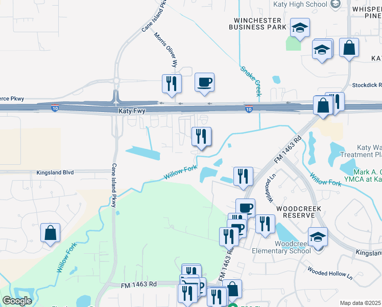 map of restaurants, bars, coffee shops, grocery stores, and more near 27255 Katy Freeway in Katy