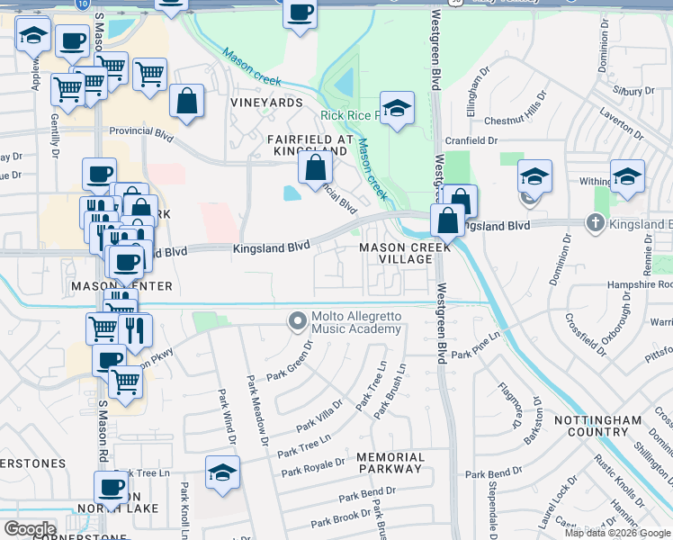 map of restaurants, bars, coffee shops, grocery stores, and more near 21101 Kingsland Boulevard in Katy