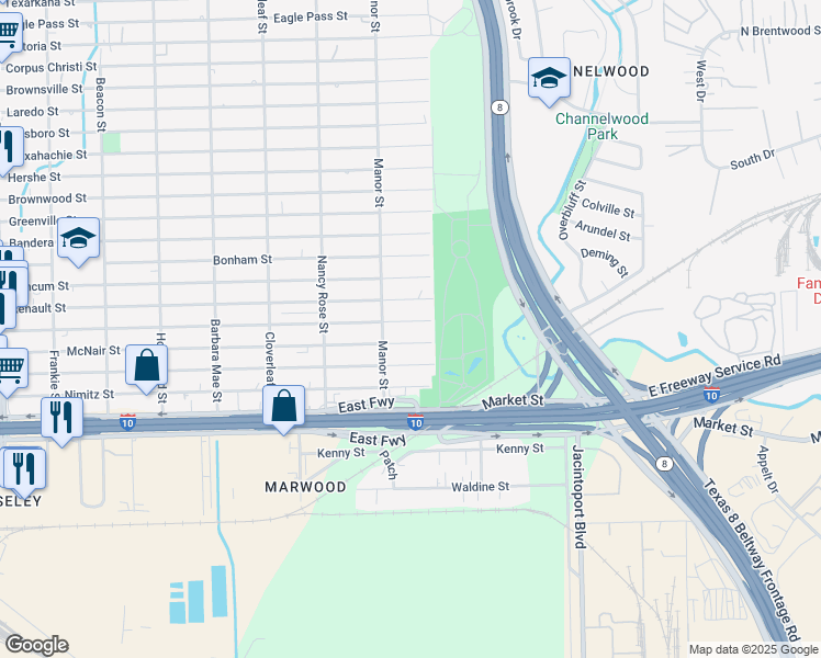 map of restaurants, bars, coffee shops, grocery stores, and more near 14626 McNair Street in Houston