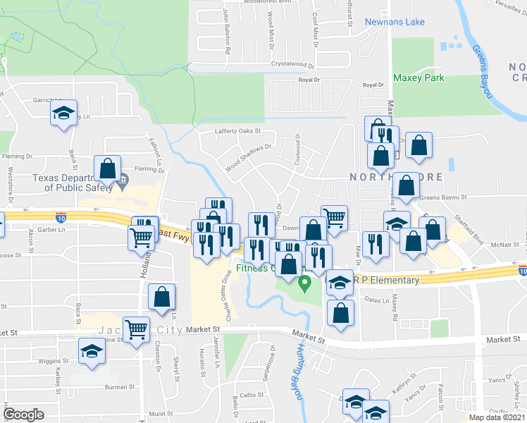 map of restaurants, bars, coffee shops, grocery stores, and more near 930 Centerwood Drive in Houston