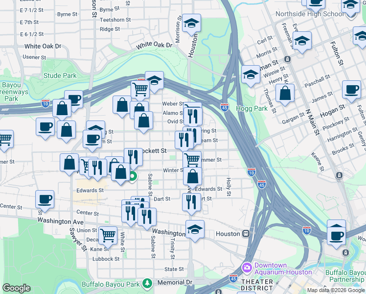 map of restaurants, bars, coffee shops, grocery stores, and more near 1509 Crockett Street in Houston