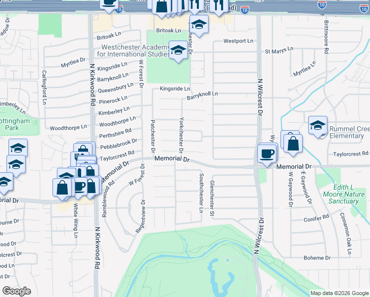 map of restaurants, bars, coffee shops, grocery stores, and more near 13623 Taylorcrest Road in Houston