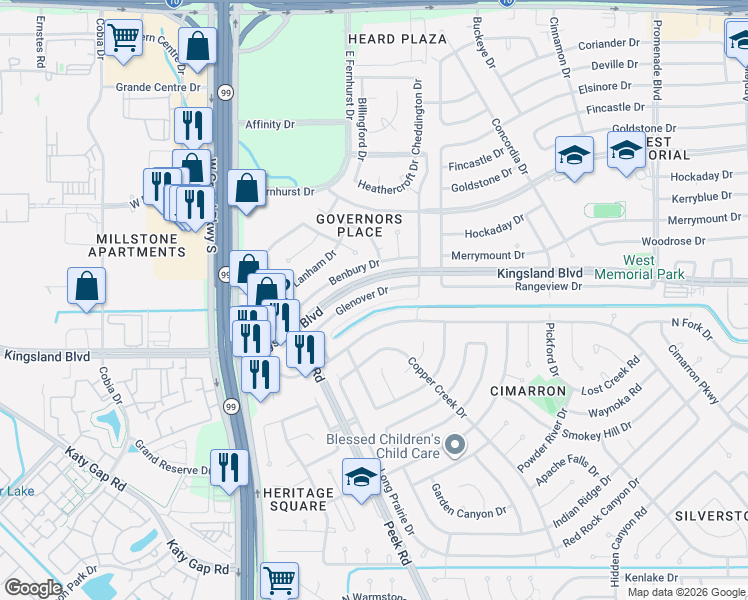 map of restaurants, bars, coffee shops, grocery stores, and more near 22922 Red River Drive in Katy