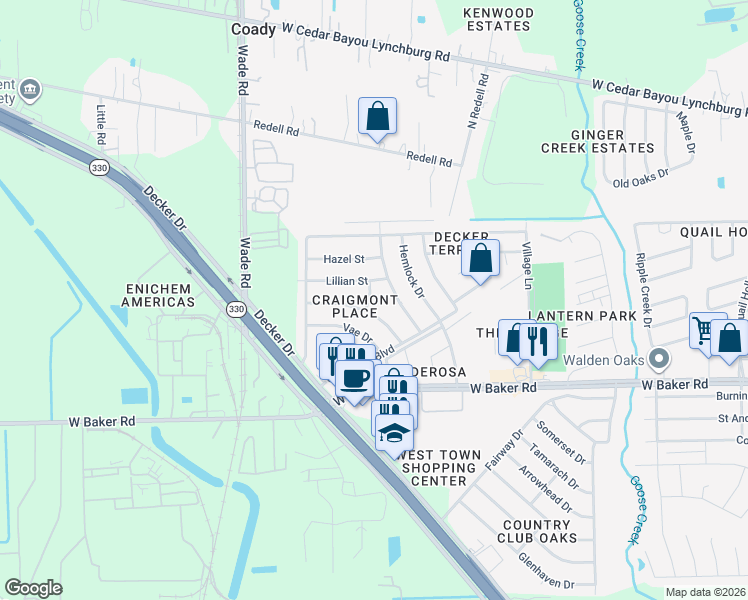 map of restaurants, bars, coffee shops, grocery stores, and more near 5324 Leland Drive in Baytown