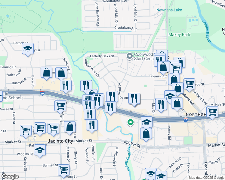 map of restaurants, bars, coffee shops, grocery stores, and more near 815 Autumn Wood Drive in Houston