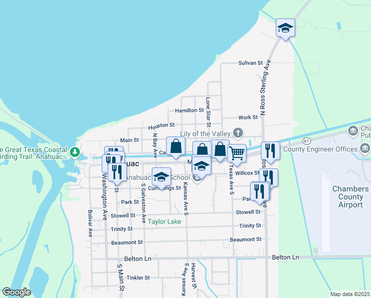 map of restaurants, bars, coffee shops, grocery stores, and more near 903 Canal Street in Anahuac
