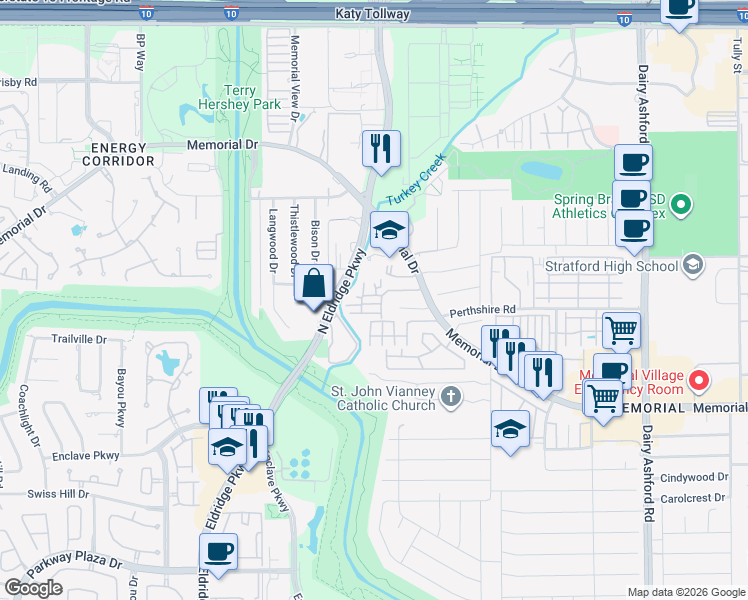 map of restaurants, bars, coffee shops, grocery stores, and more near 15027 Turkey Trail Court in Houston