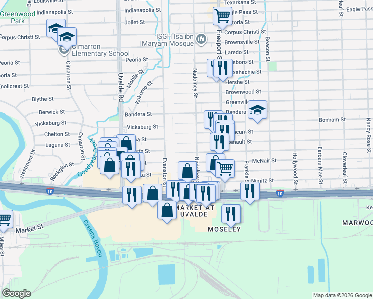 map of restaurants, bars, coffee shops, grocery stores, and more near 13728 Garber Lane in Houston