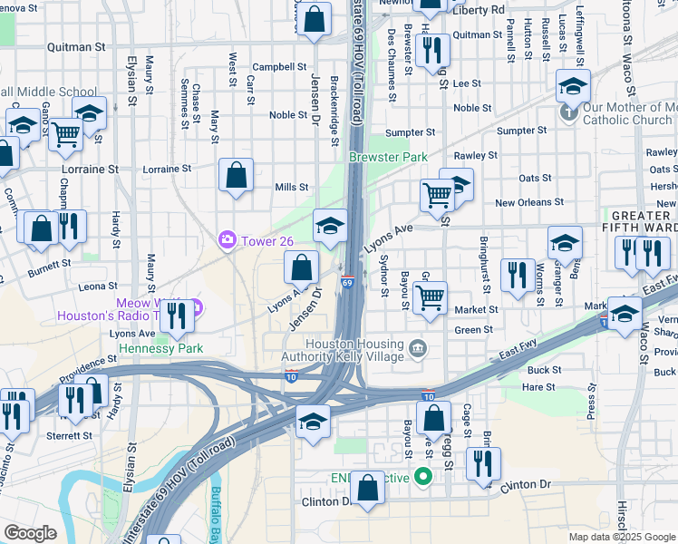 map of restaurants, bars, coffee shops, grocery stores, and more near 2802 Lyons Avenue in Houston