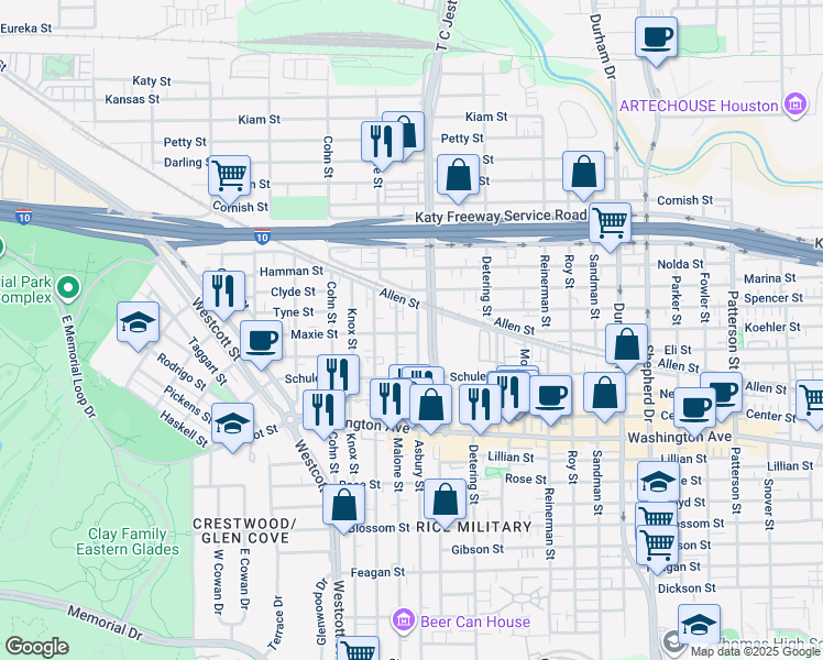 map of restaurants, bars, coffee shops, grocery stores, and more near 1407 Malone Street in Houston