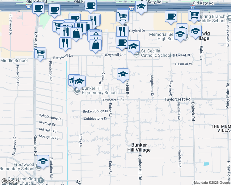 map of restaurants, bars, coffee shops, grocery stores, and more near 11842 Taylorcrest Road in Houston