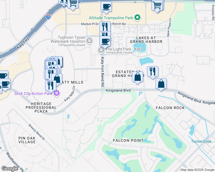 map of restaurants, bars, coffee shops, grocery stores, and more near 200 Katy Fort Bend Road in Katy