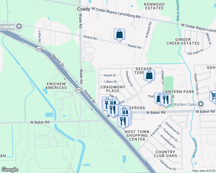 map of restaurants, bars, coffee shops, grocery stores, and more near 5412 Louise Street in Baytown