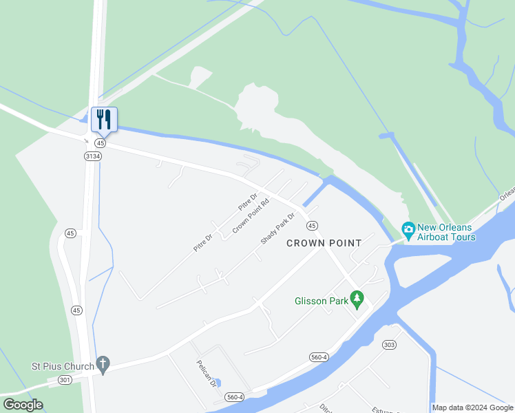 map of restaurants, bars, coffee shops, grocery stores, and more near 130 Crown Point Road in Marrero