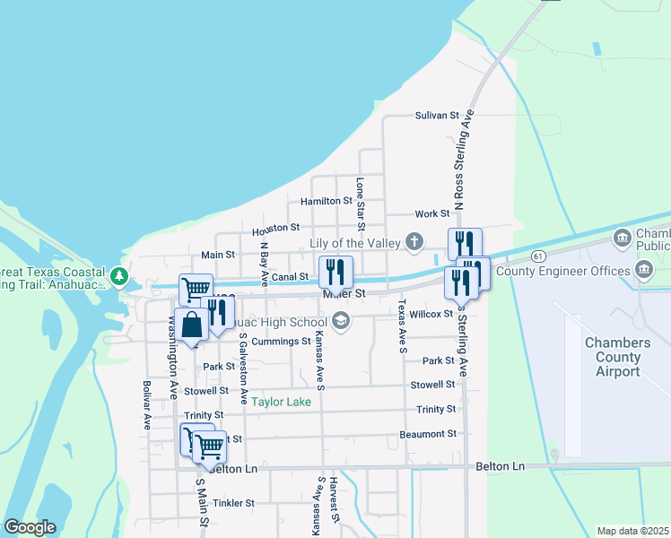 map of restaurants, bars, coffee shops, grocery stores, and more near 903 Canal Street in Anahuac