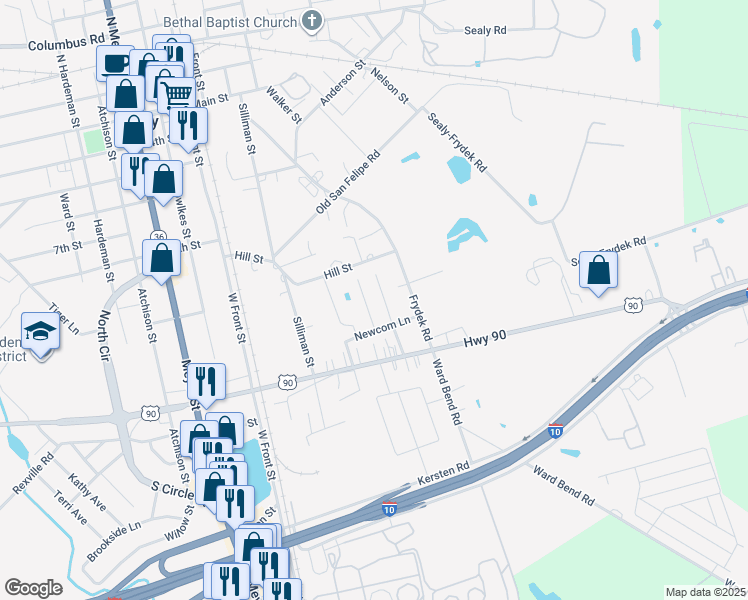 map of restaurants, bars, coffee shops, grocery stores, and more near 347 Newcom Lane in Sealy