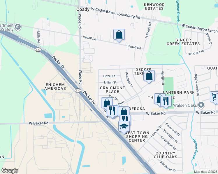 map of restaurants, bars, coffee shops, grocery stores, and more near 5414 Vae Drive in Baytown