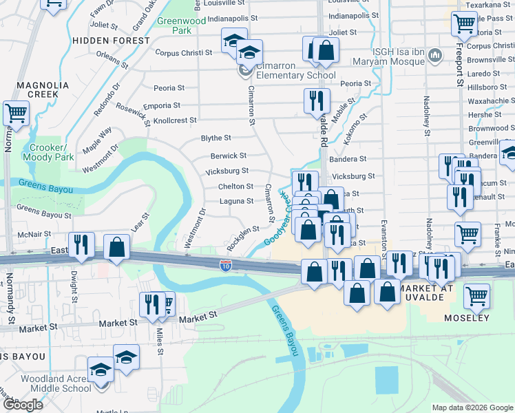 map of restaurants, bars, coffee shops, grocery stores, and more near 13221 Candlewick Street in Houston