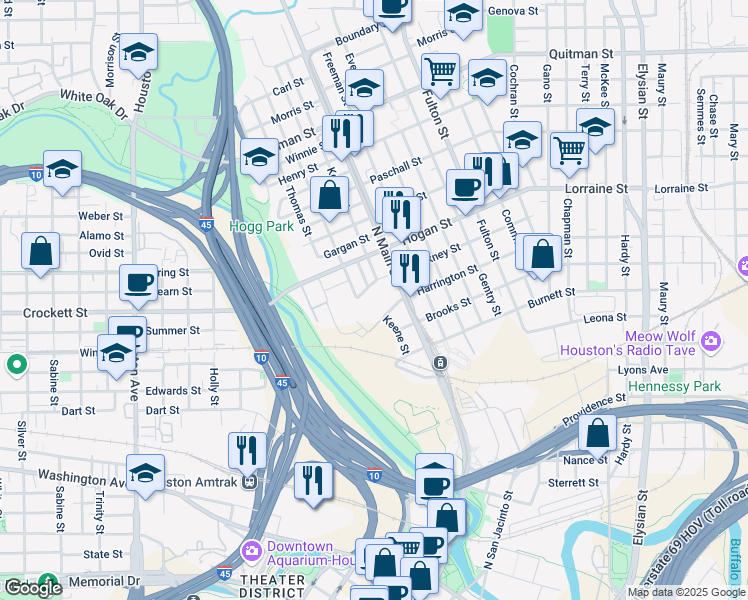map of restaurants, bars, coffee shops, grocery stores, and more near 401 Harrington St in Houston