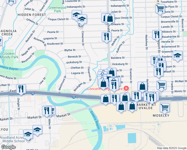 map of restaurants, bars, coffee shops, grocery stores, and more near 1114 Cimarron Street in Houston