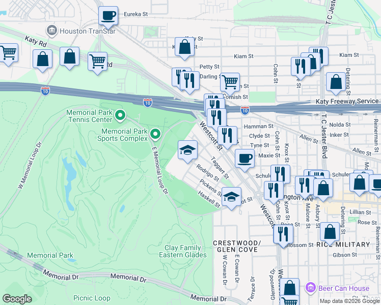map of restaurants, bars, coffee shops, grocery stores, and more near 6518 Rodrigo Street in Houston