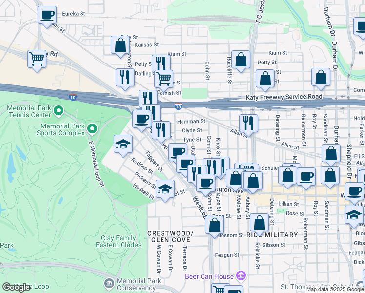 map of restaurants, bars, coffee shops, grocery stores, and more near 6120 Maxie Street in Houston
