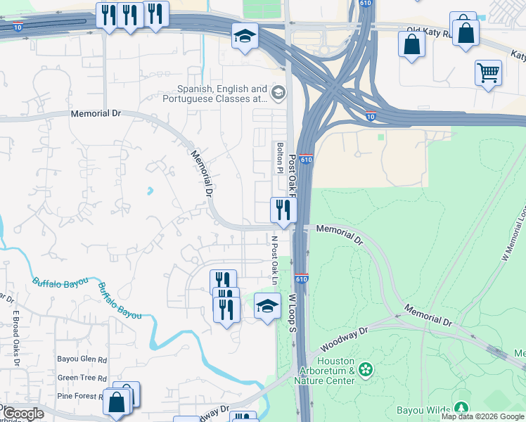map of restaurants, bars, coffee shops, grocery stores, and more near 355 North Post Oak Lane in Houston