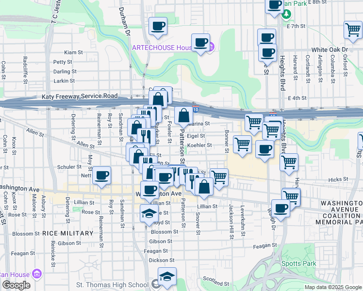 map of restaurants, bars, coffee shops, grocery stores, and more near 4502 Maxie Street in Houston