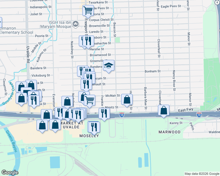 map of restaurants, bars, coffee shops, grocery stores, and more near 14029 McNair Street in Houston