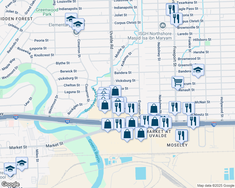 map of restaurants, bars, coffee shops, grocery stores, and more near 13418 Duluth Street in Houston