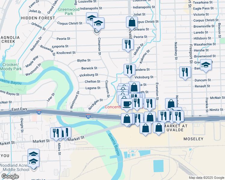 map of restaurants, bars, coffee shops, grocery stores, and more near 1114 Cimarron Street in Houston