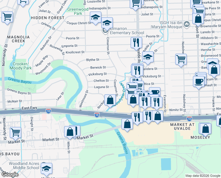 map of restaurants, bars, coffee shops, grocery stores, and more near 13221 Candlewick Street in Houston