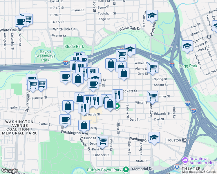 map of restaurants, bars, coffee shops, grocery stores, and more near 2017 Crockett Street in Houston