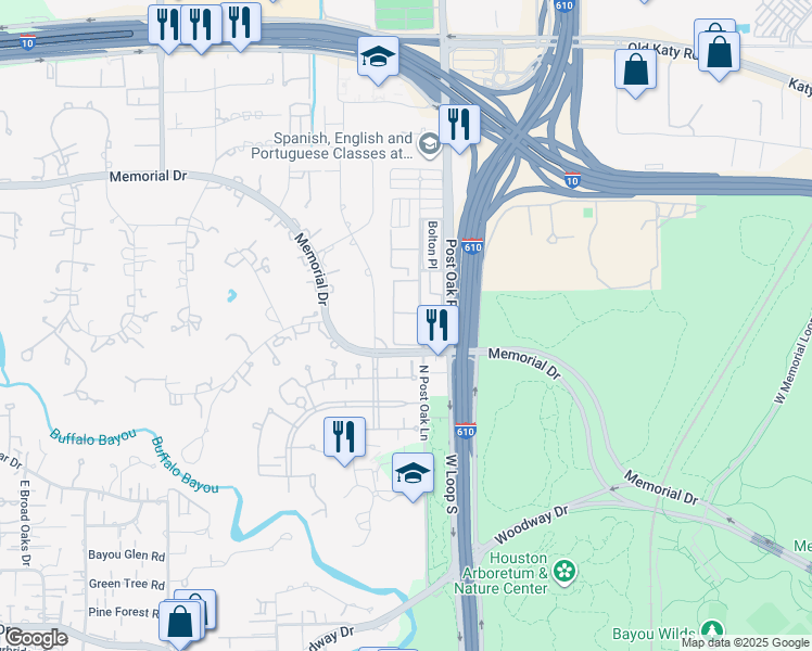 map of restaurants, bars, coffee shops, grocery stores, and more near 355 North Post Oak Lane in Houston